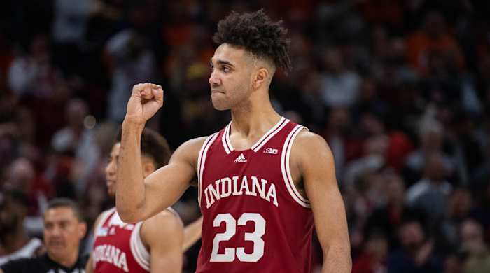 Trayce Jackson-Davis celebrates during Indiana’s Big Ten tournament win over Illinois.